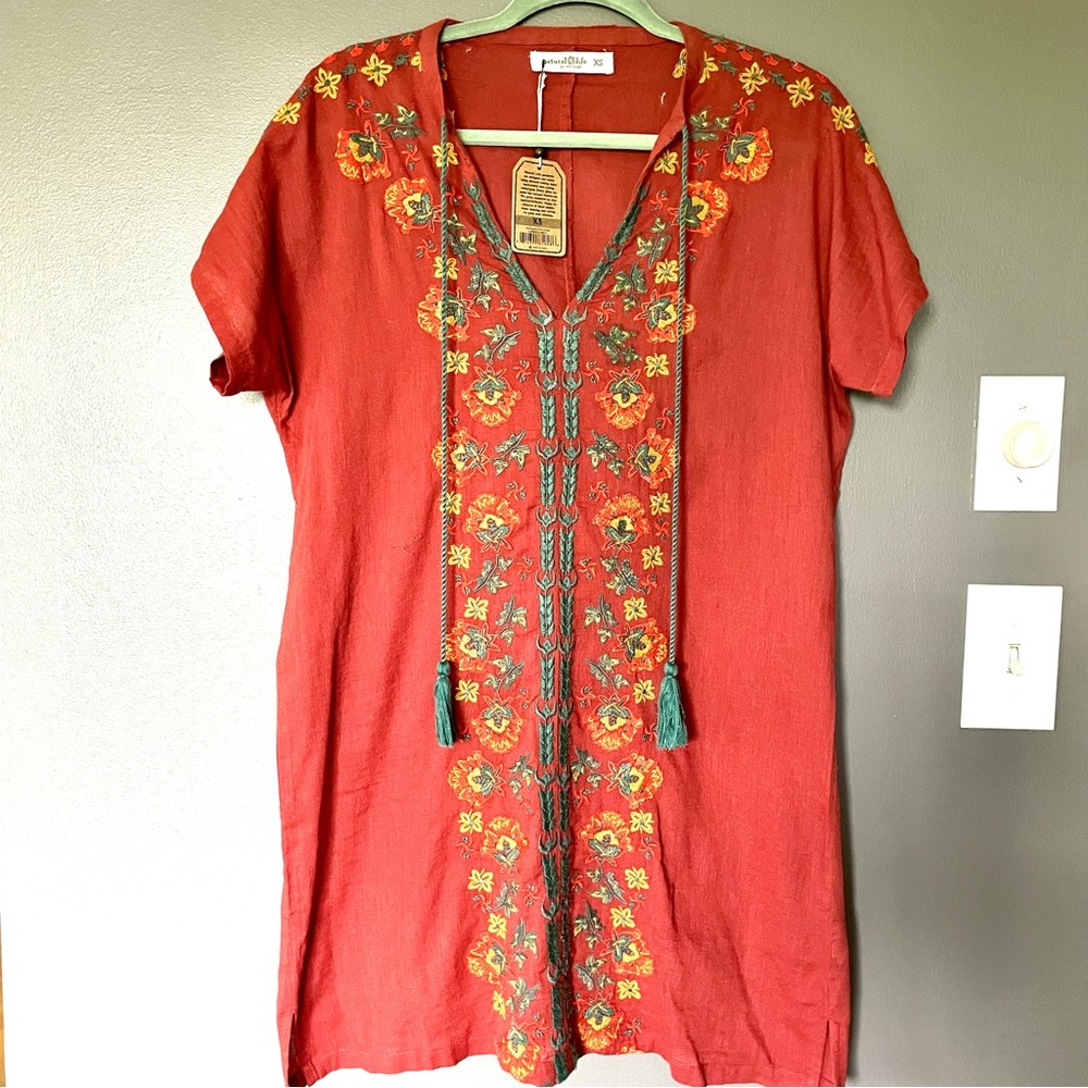 Natural Life Embroidered Tassel Boho Mini Dress In Orange & Blue Size XS NWT - Picture 5 of 14